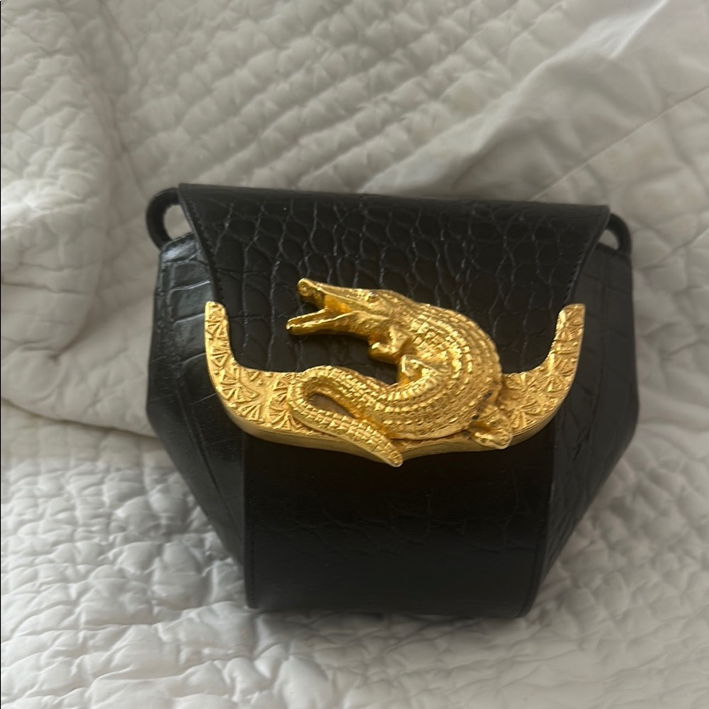Black Crocodile Mini Embossed Bag with Gold Accent